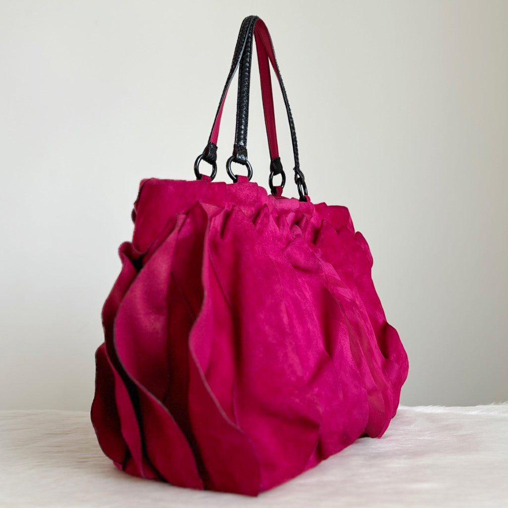 Valentino Fuchsia Suede Signature Rose Large Triple Compartment Shoulder Bag