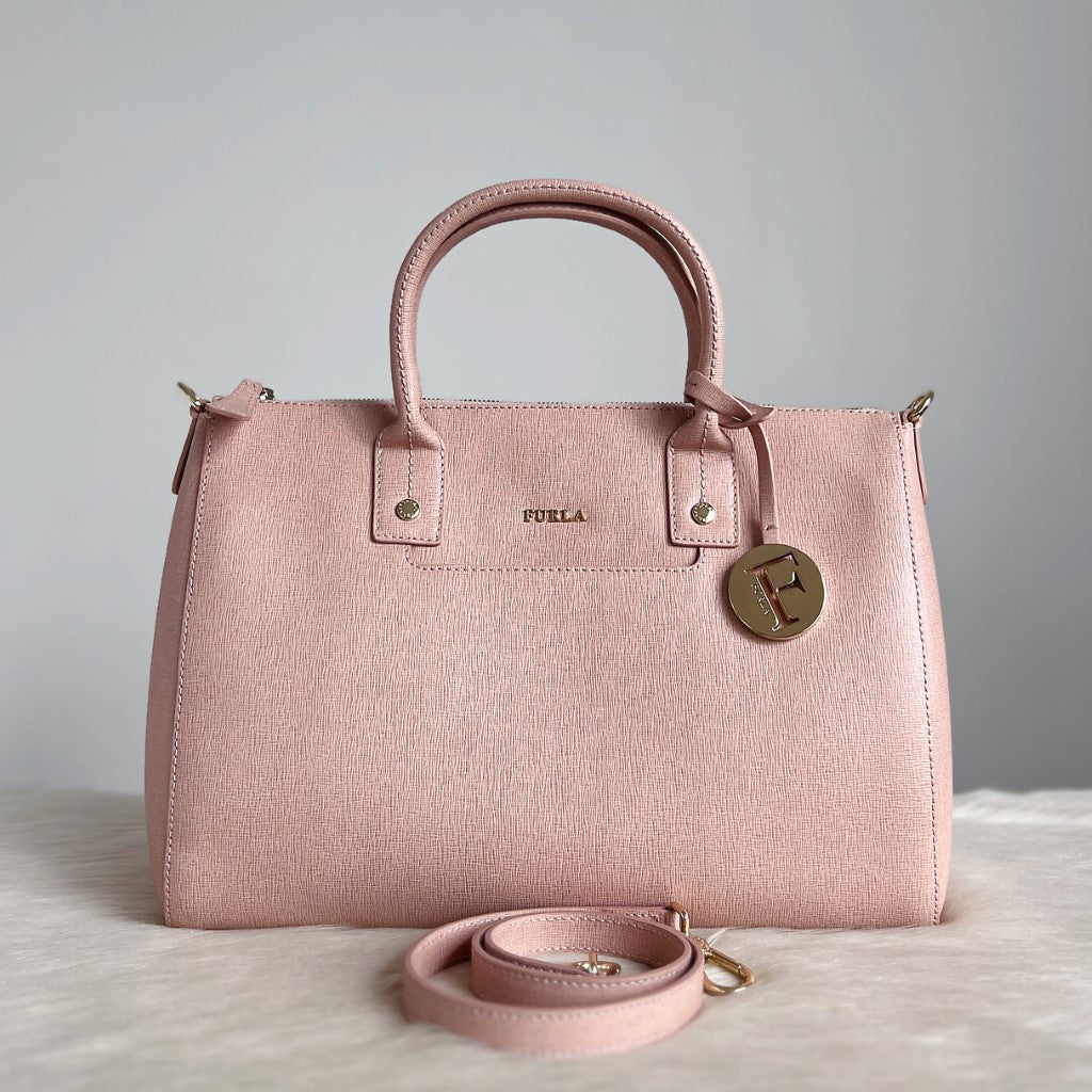 Furla Blush Pink Leather F Charm Career 2 Way Shoulder Bag Like New