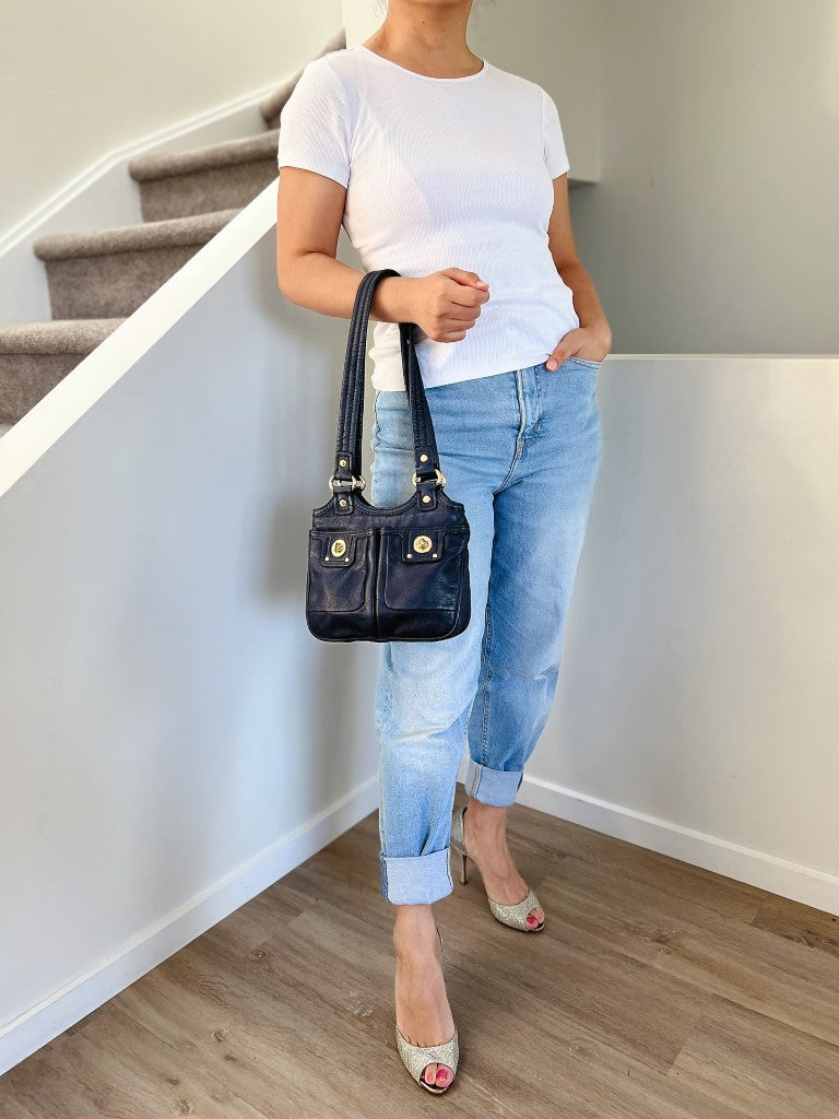 Marc Jacobs Navy Leather Turn Lock Detail Shoulder Bag