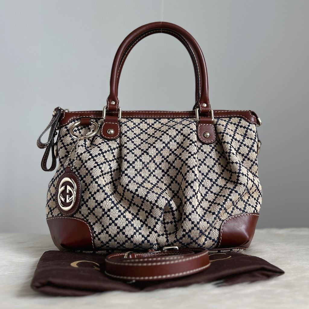 Gucci Brown Leather Signature Double G Charm 2 Way Shoulder Bag Excellent