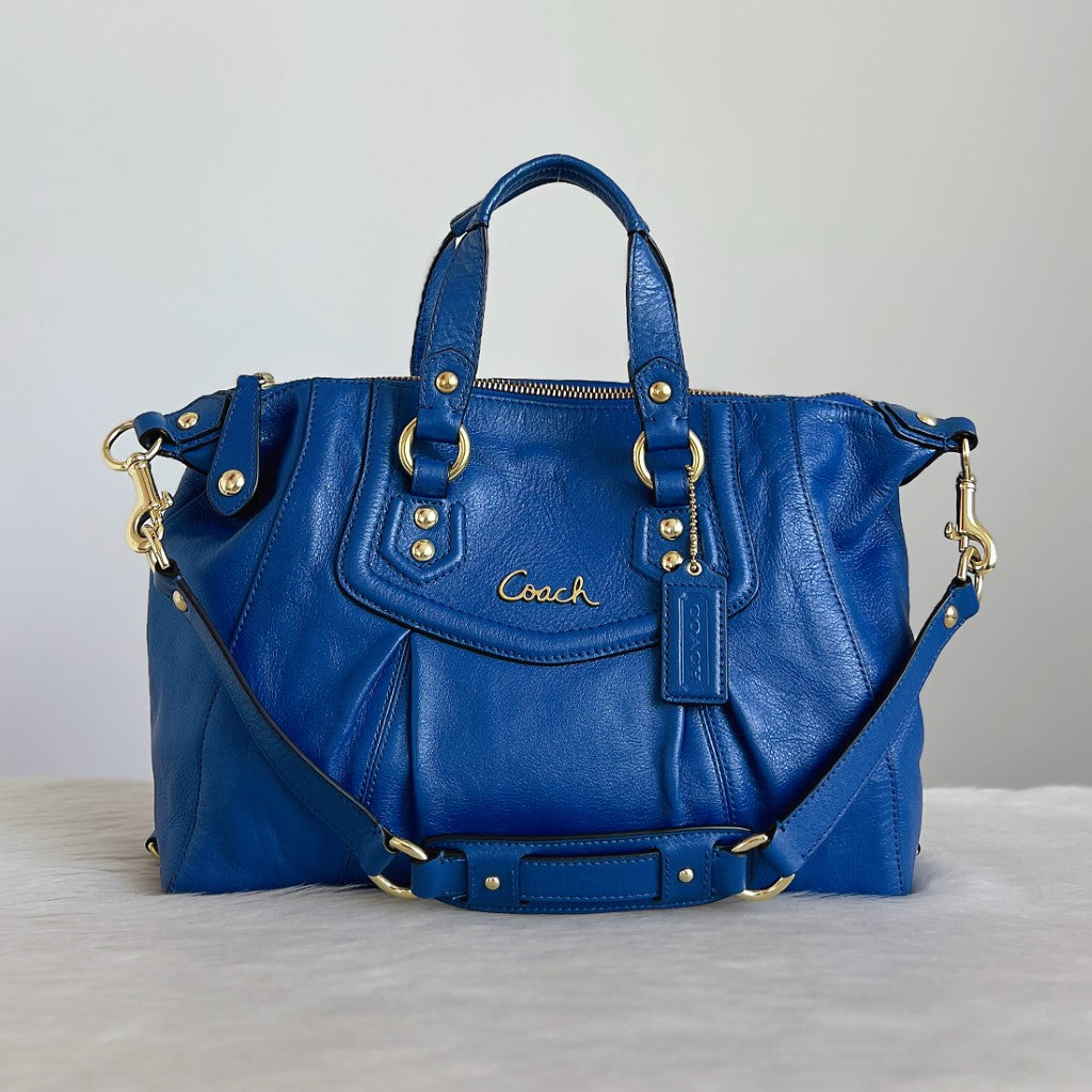 Coach Blue Leather Front Logo Boston 2 Way Shoulder Bag Excellent