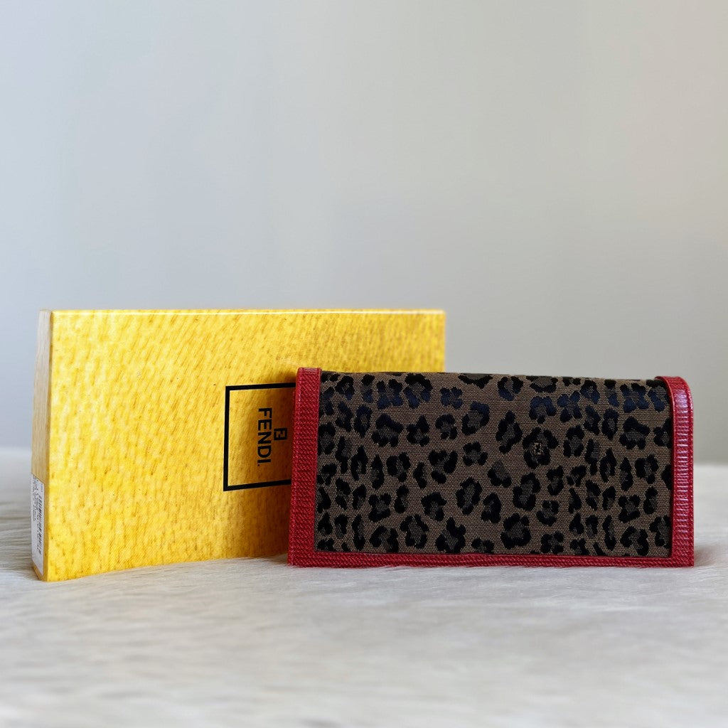 Fendi Red Leather Leopard Patchwork Bi-fold Long Wallet Excellent