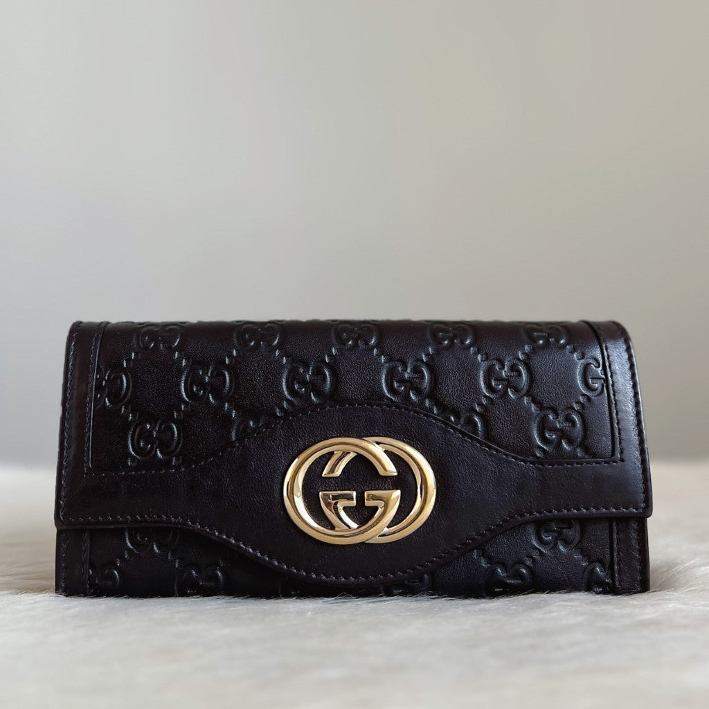 Gucci Dark Chocolate Leather Embossed GG Logo Long Wallet Excellent