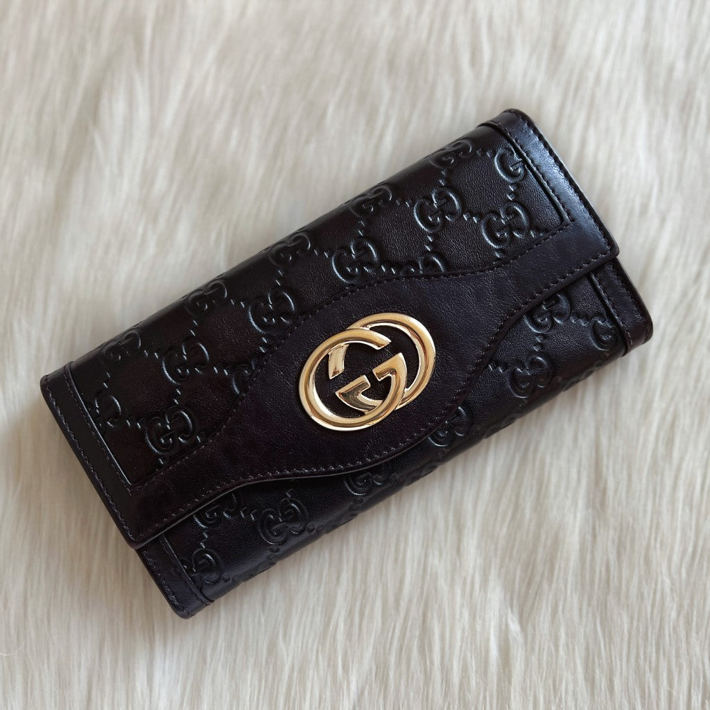 Gucci Dark Chocolate Leather Embossed GG Logo Long Wallet Excellent