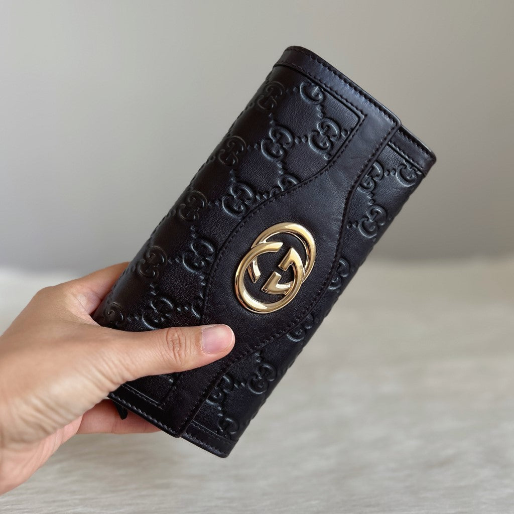 Gucci Dark Chocolate Leather Embossed GG Logo Long Wallet Excellent