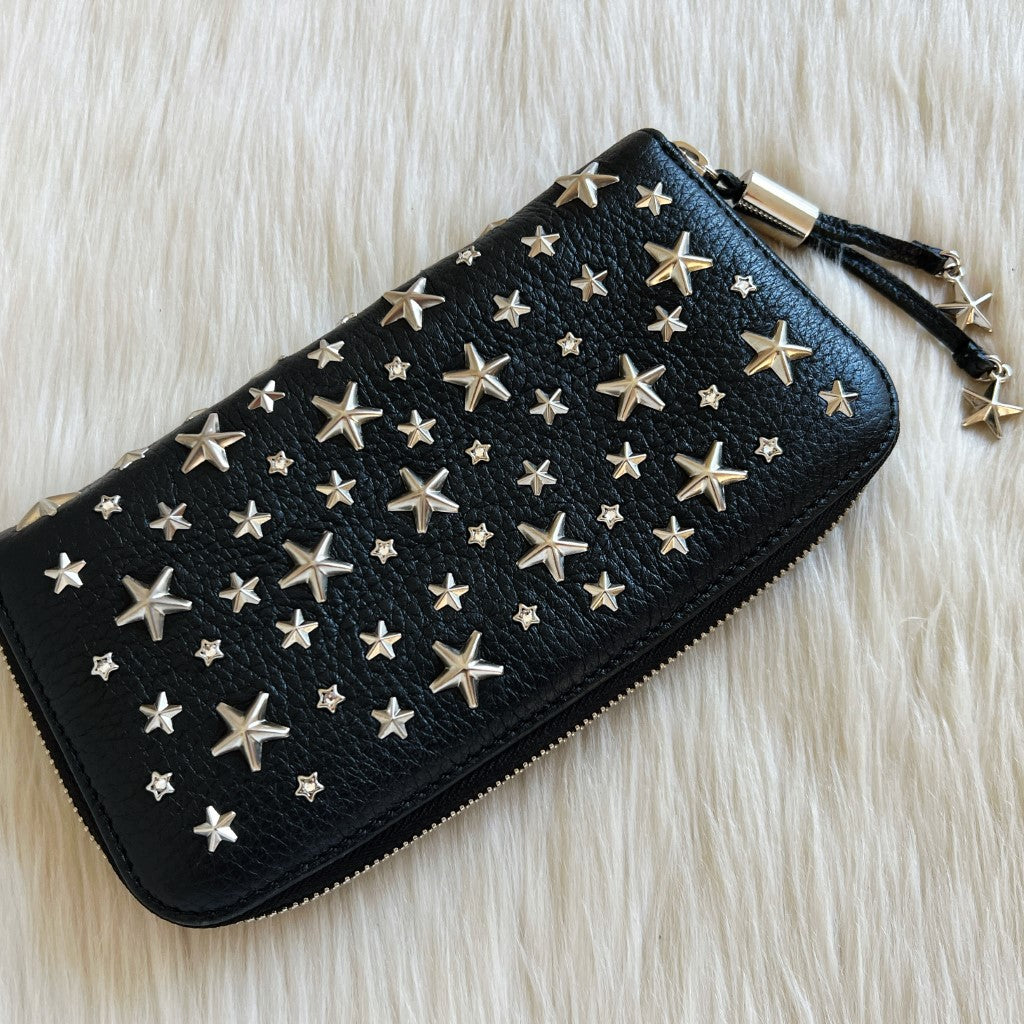 Jimmy Choo Black Leather Star Studs Zip Compartment Long Wallet Excellent