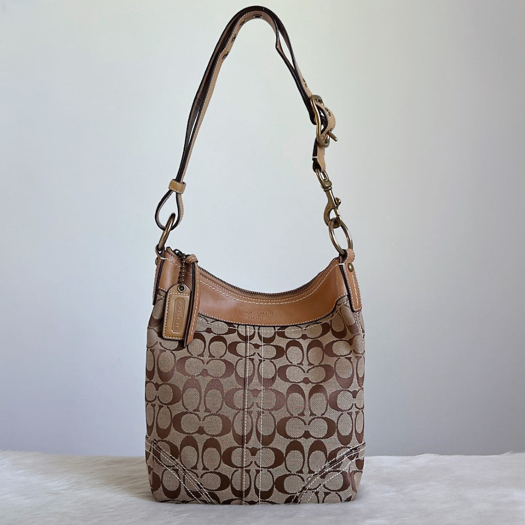 Coach Beige Leather Monogram Crossbody Shoulder Bag