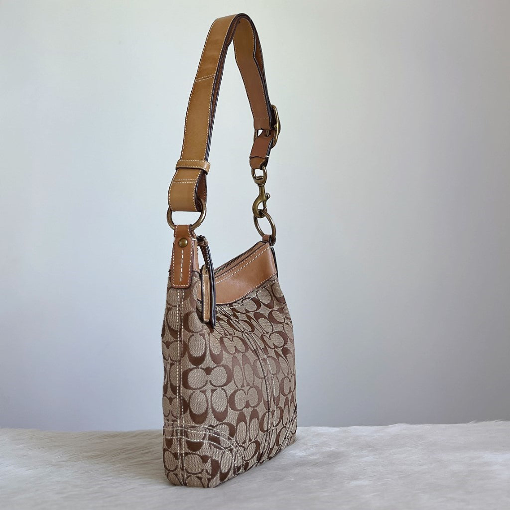 Coach Beige Leather Monogram Crossbody Shoulder Bag