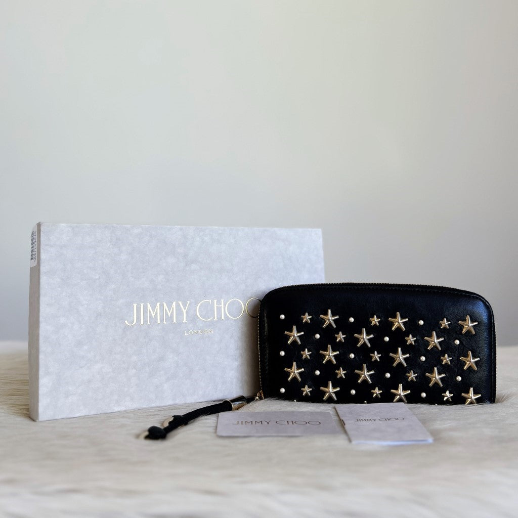 Jimmy Choo Black Leather Star & Pearl Studs Zip Compartment Long Wallet Excellent