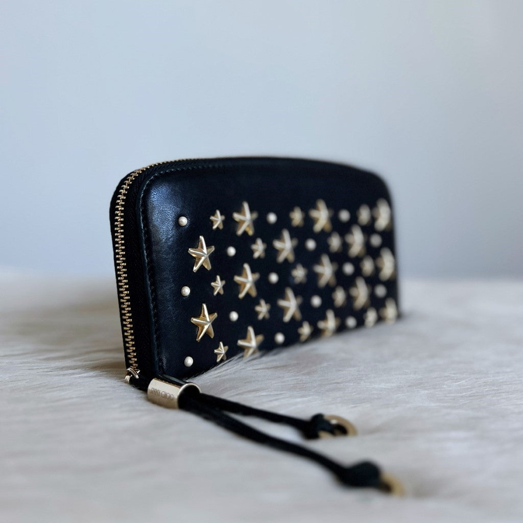 Jimmy Choo Black Leather Star & Pearl Studs Zip Compartment Long Wallet Excellent