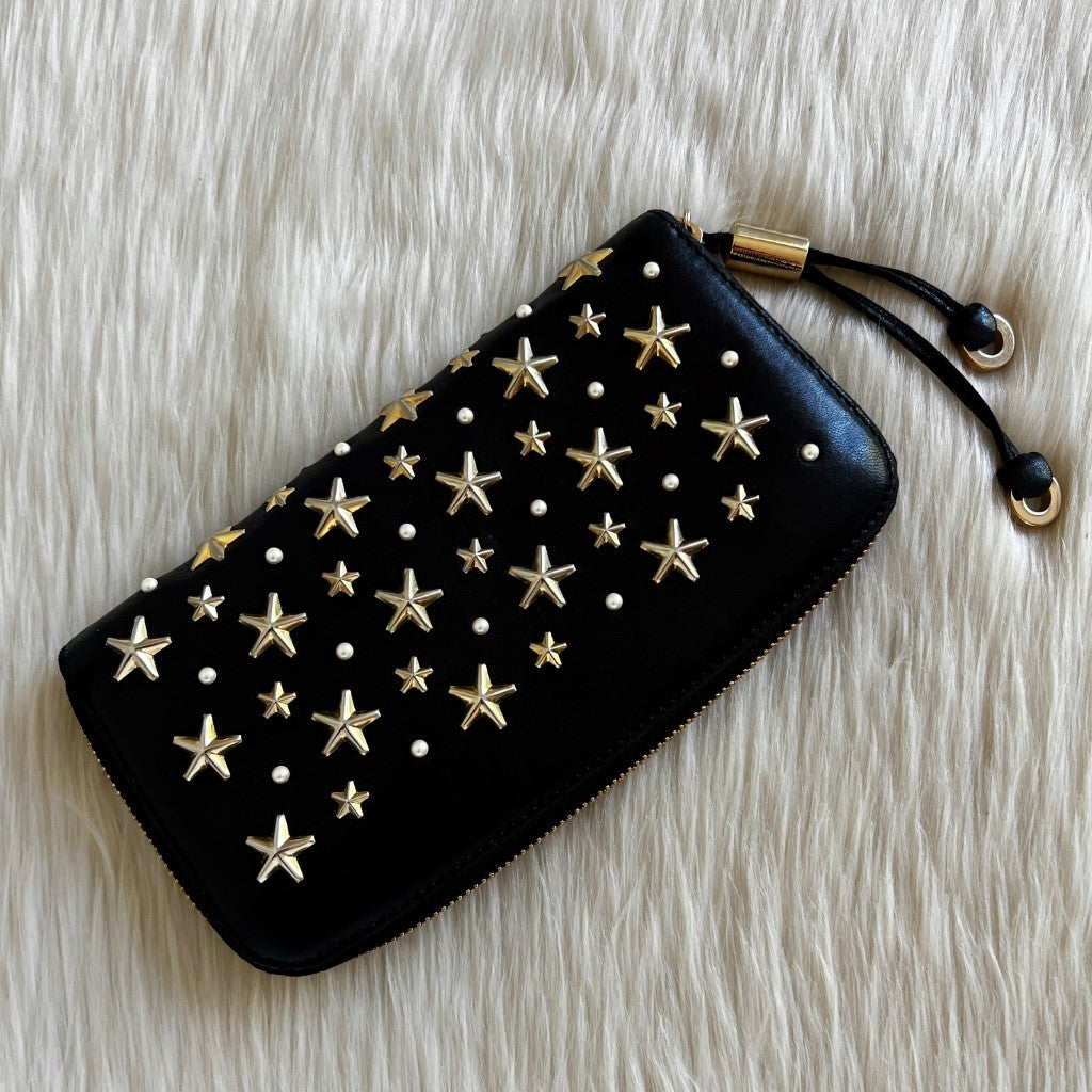 Jimmy Choo Black Leather Star & Pearl Studs Zip Compartment Long Wallet Excellent