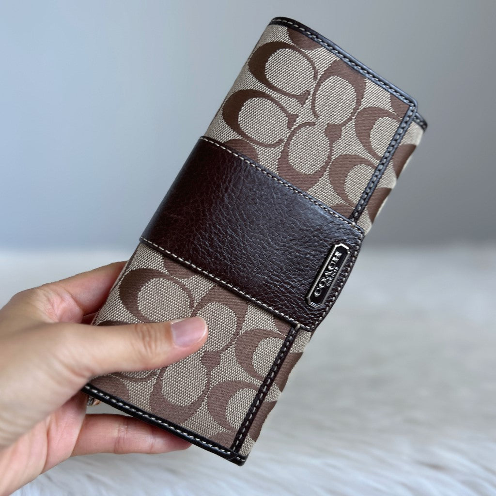 Coach Chocolate Leather Monogram Fold Long Wallet New with Tags