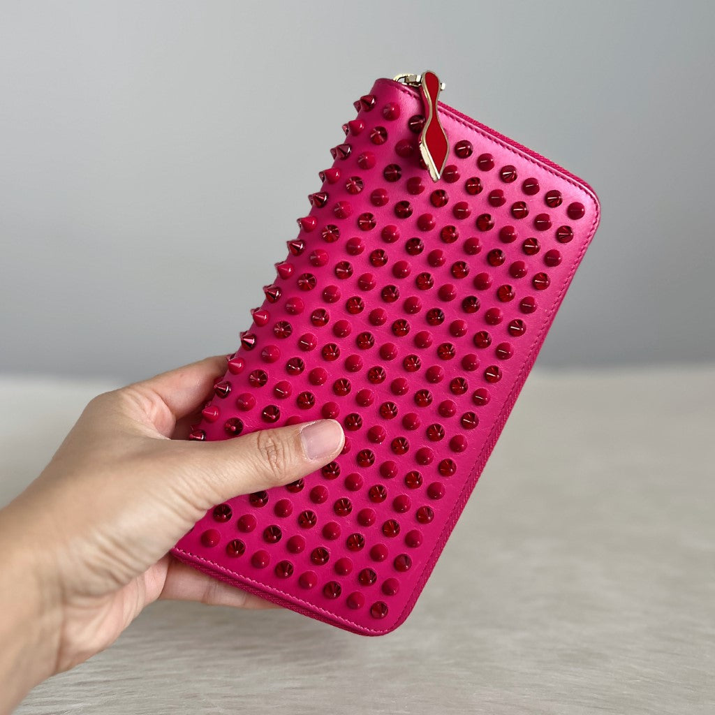 Christian Louboutin Fuchsia Leather Signature Studs Long Wallet Excellent