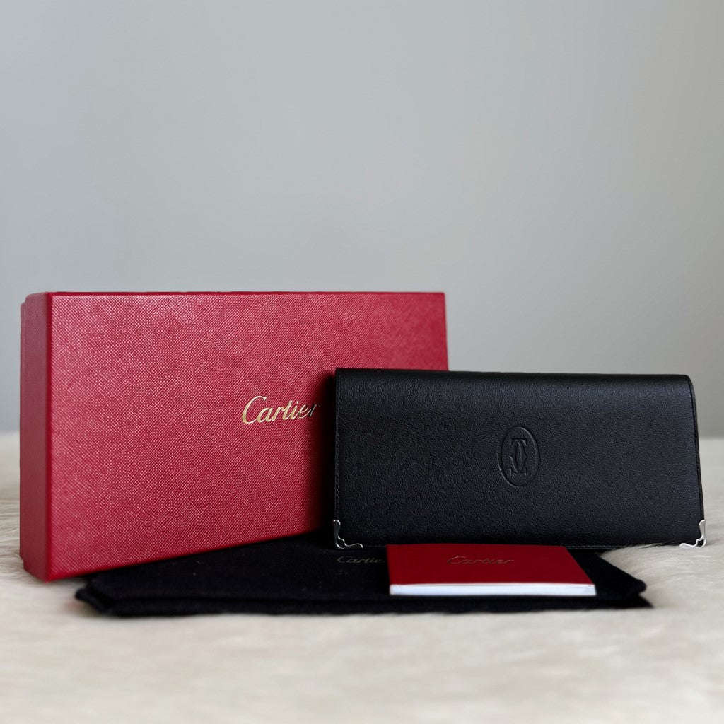 Cartier Black Leather Embossed Logo Multi-Compartment Long Wallet Like New