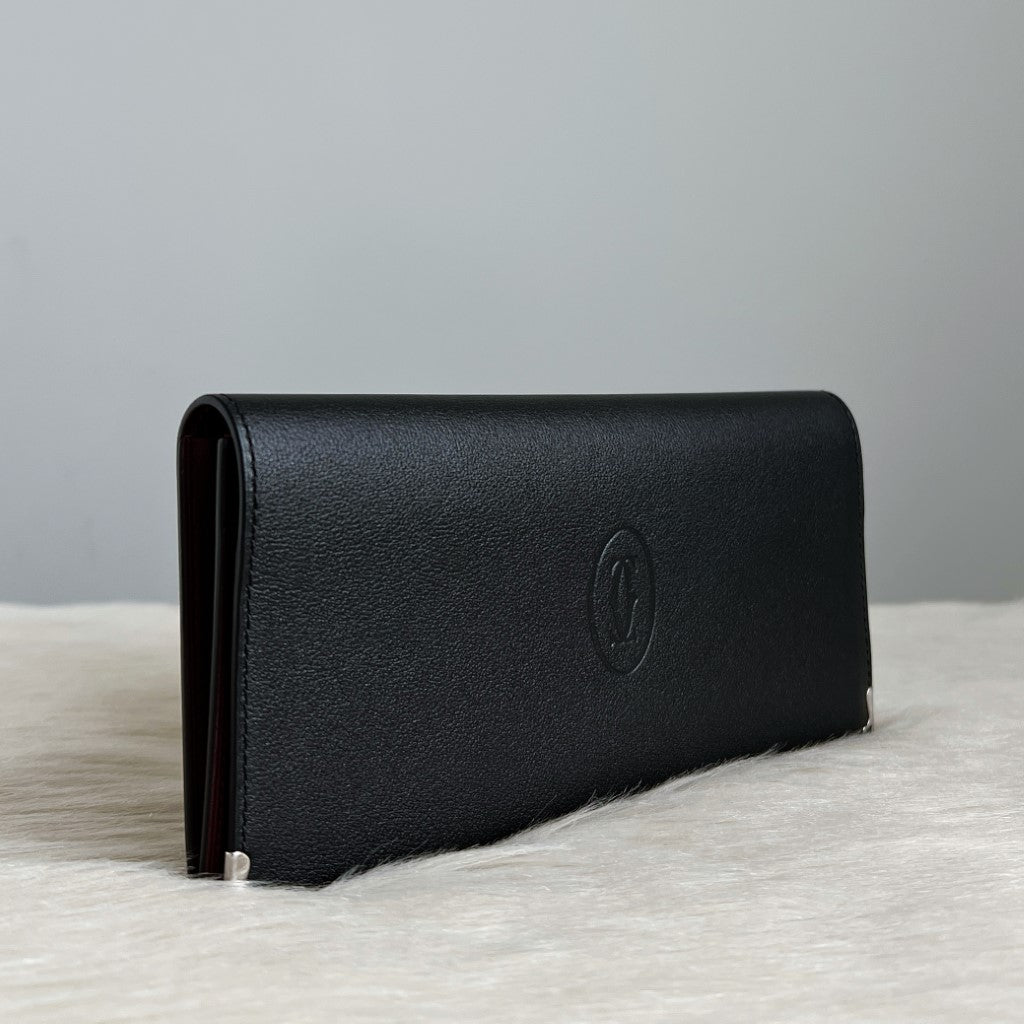 Cartier Black Leather Embossed Logo Multi-Compartment Long Wallet Like New