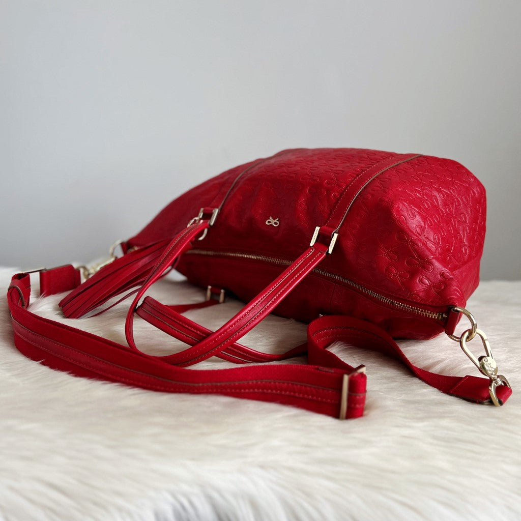 Anya Hindmarch Red Leather Embossed Boston 2 Way Shoulder Bag Excellent