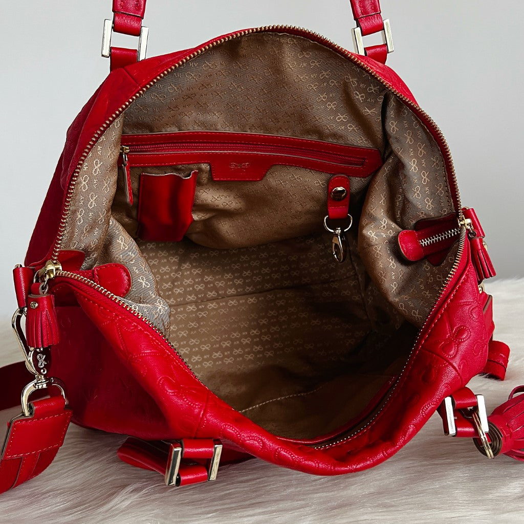 Anya Hindmarch Red Leather Embossed Boston 2 Way Shoulder Bag Excellent