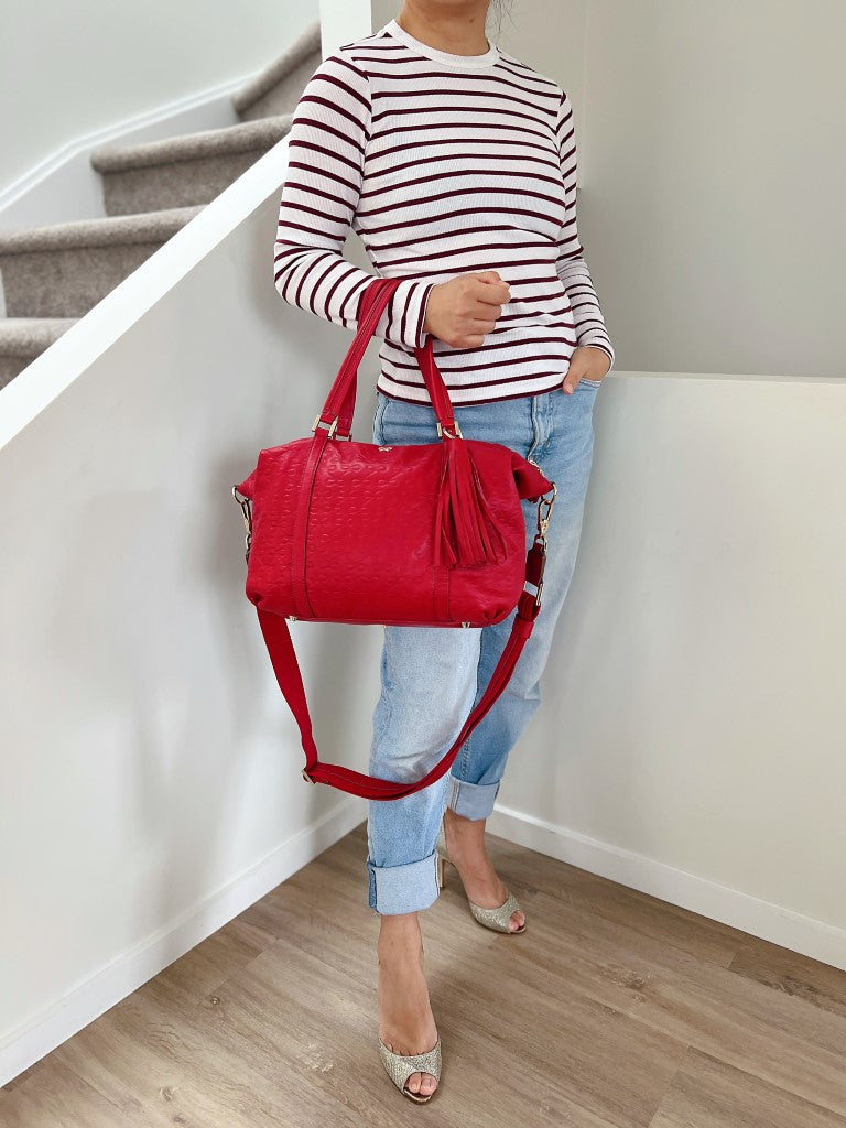 Anya Hindmarch Red Leather Embossed Boston 2 Way Shoulder Bag Excellent