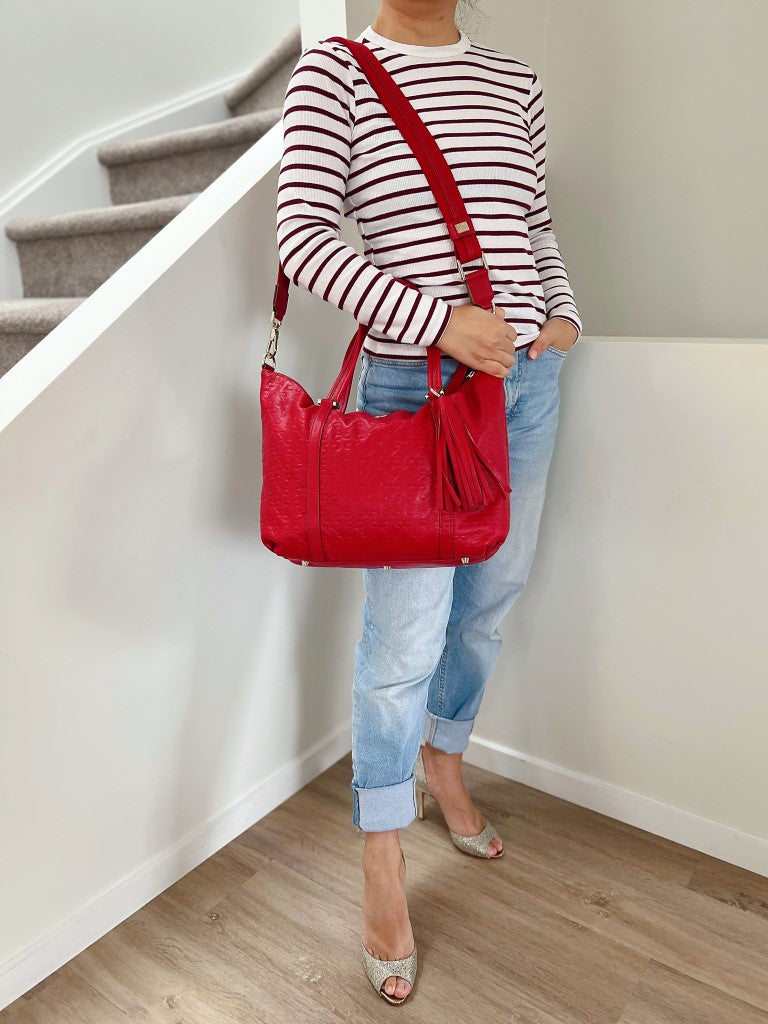 Anya Hindmarch Red Leather Embossed Boston 2 Way Shoulder Bag Excellent
