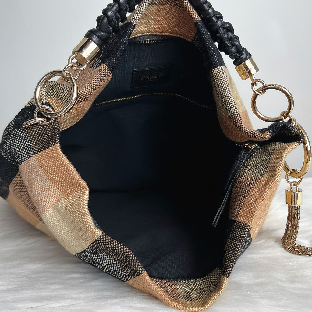 Jimmy Choo Black Pleated Leather Strap Slouchy Carryall Shoulder Bag Excellent