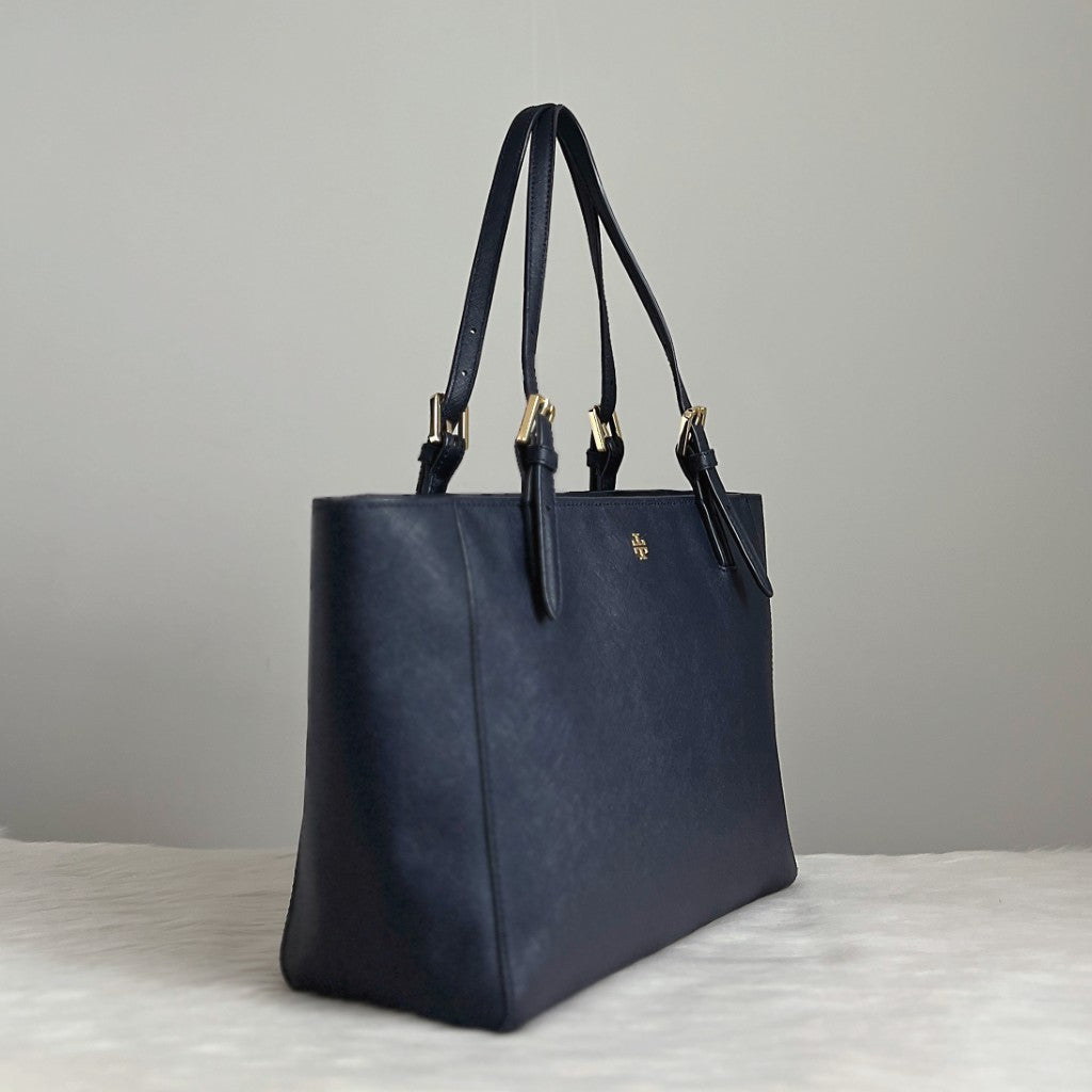 Tory Burch Navy Leather Front Logo Carryall Shoulder Bag Like New