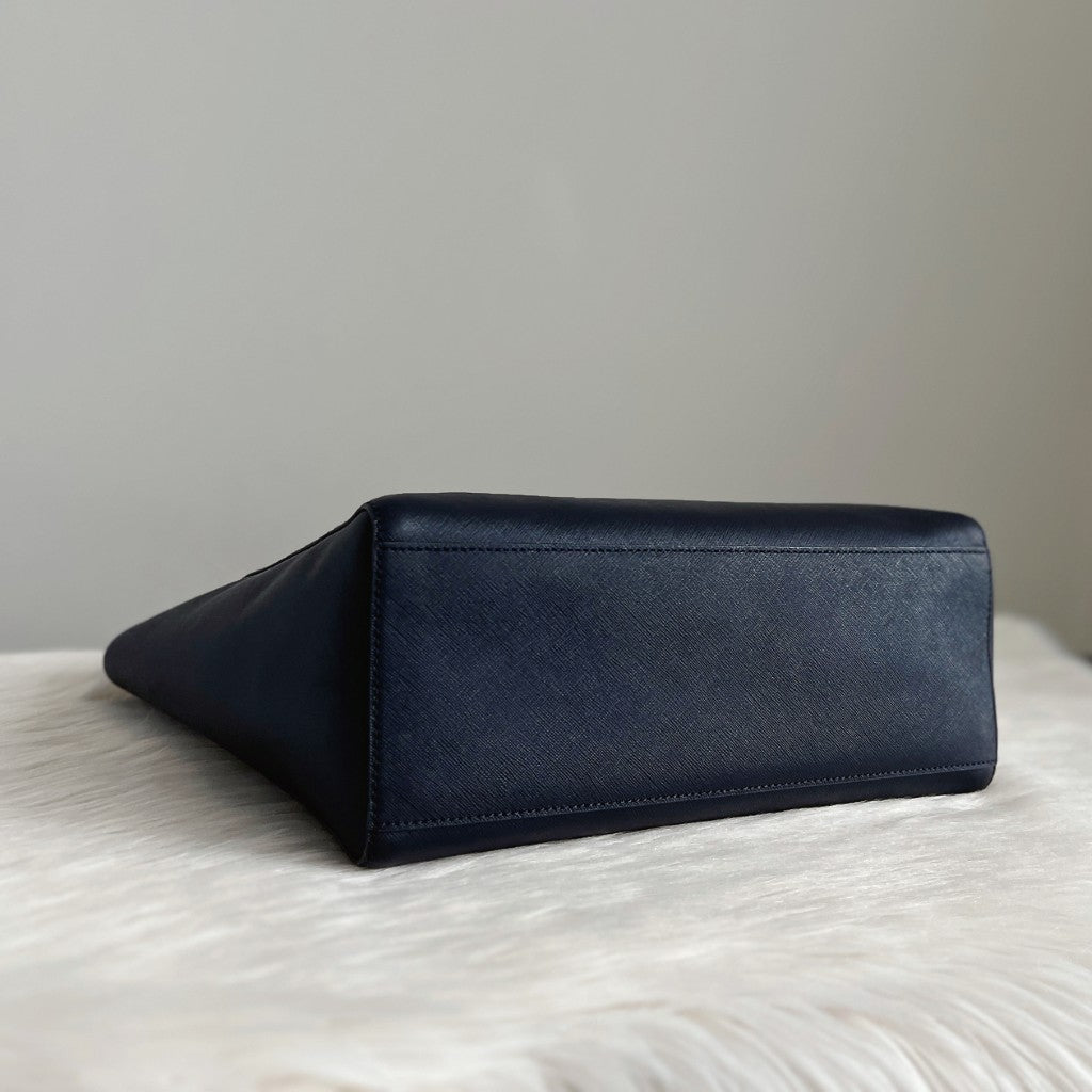 Tory Burch Navy Leather Front Logo Carryall Shoulder Bag Like New