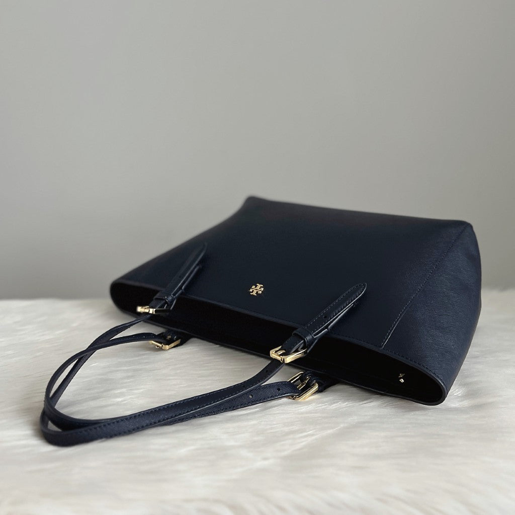Tory Burch Navy Leather Front Logo Carryall Shoulder Bag Like New