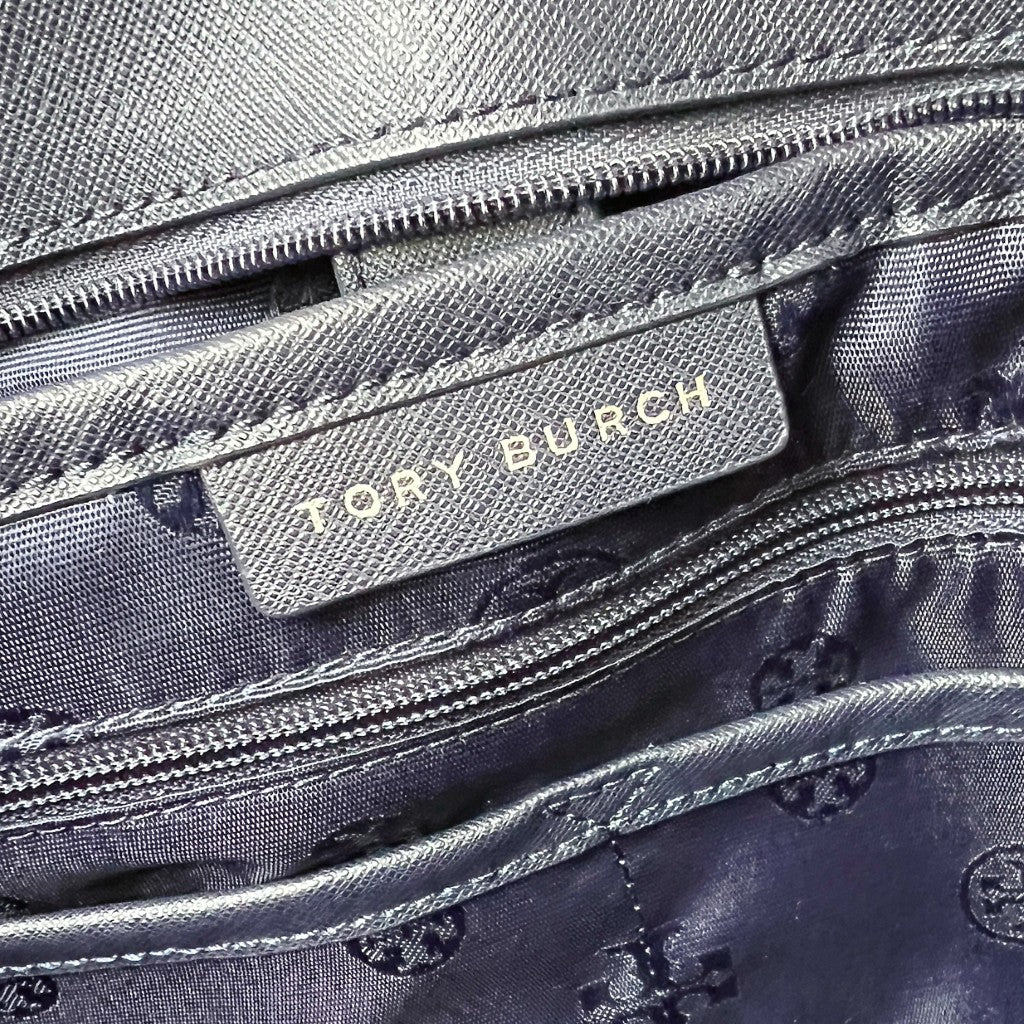 Tory Burch Navy Leather Front Logo Carryall Shoulder Bag Like New
