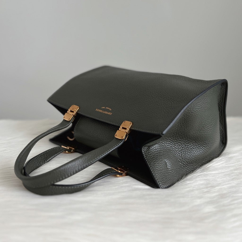 Emporio Armani Olive Leather Front Logo 2 Way Shoulder Bag Like New
