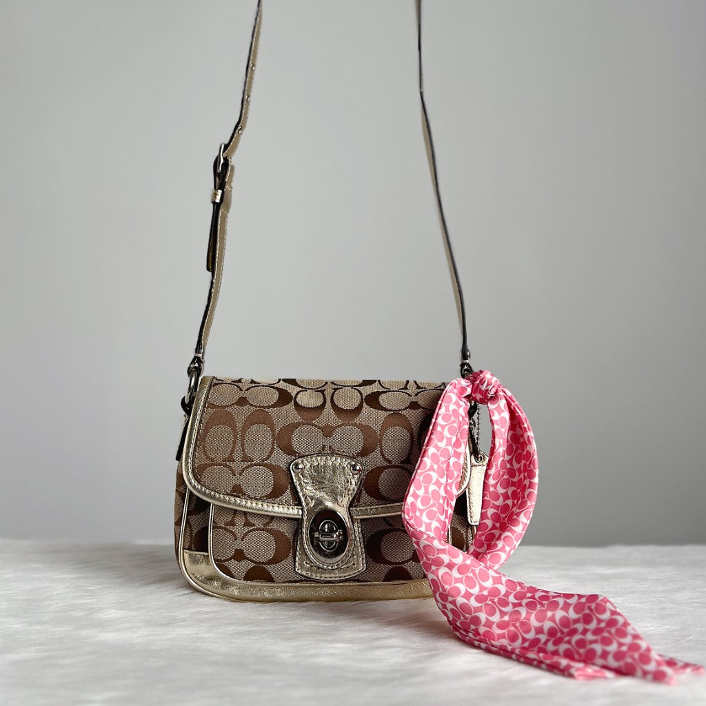 Coach Gold Leather Monogram Scarf Detail Crossbody Shoulder Bag Excellent