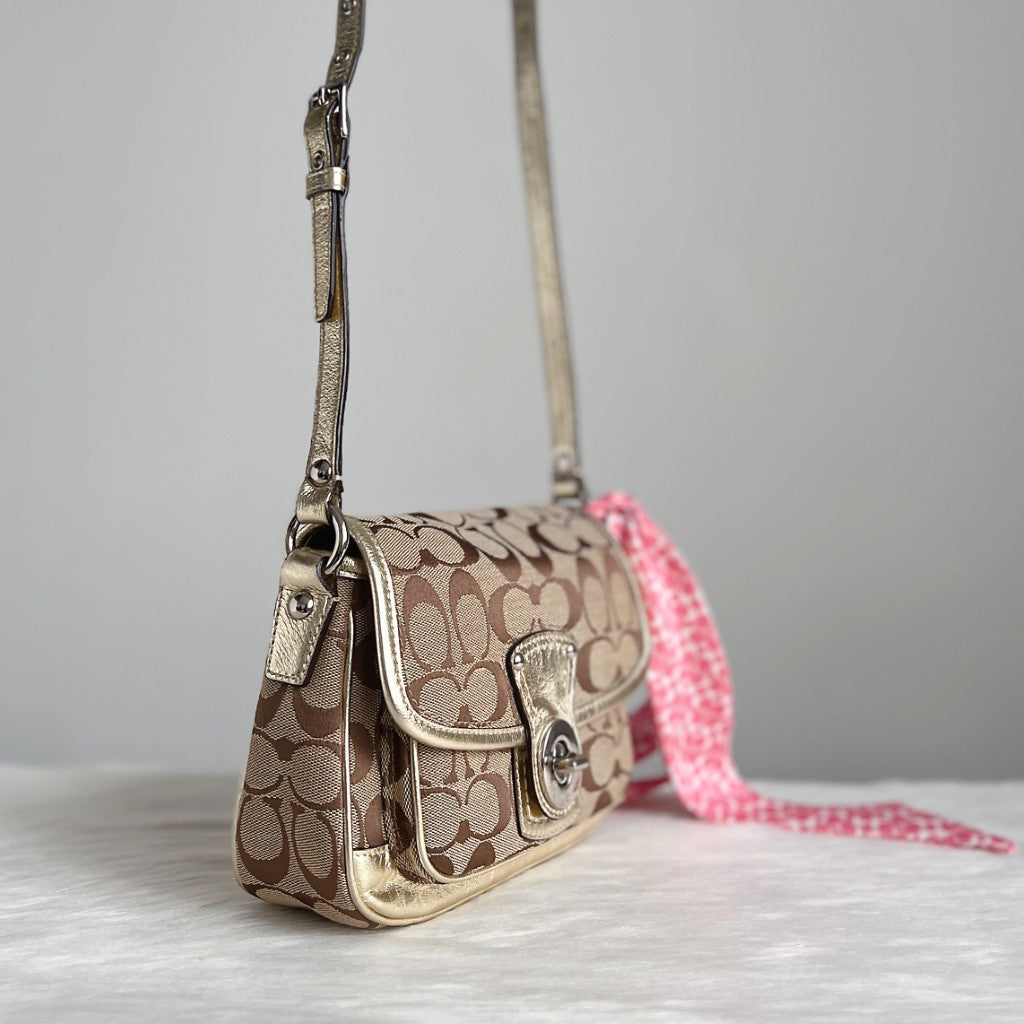 Coach Gold Leather Monogram Scarf Detail Crossbody Shoulder Bag Excellent