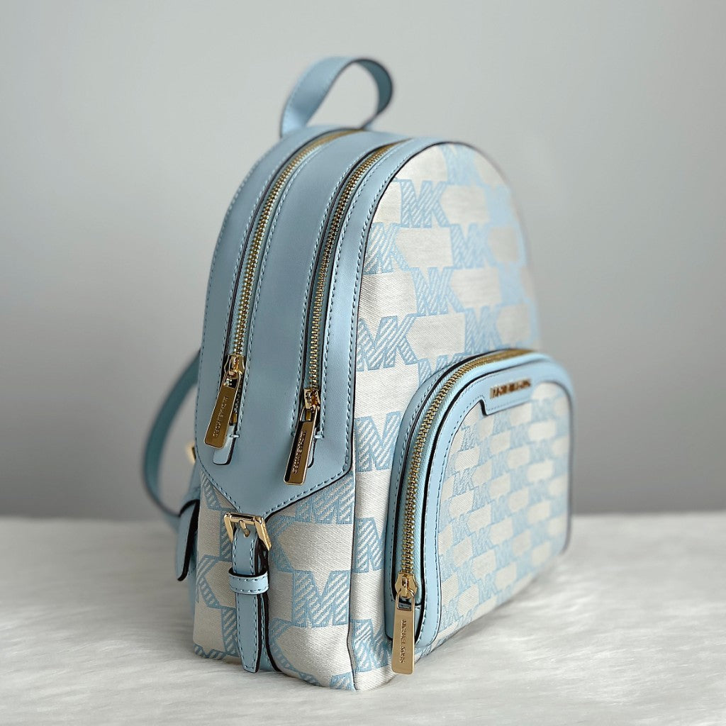Michael Kors Light Blue Leather Monogram Front Detail Backpack Like New