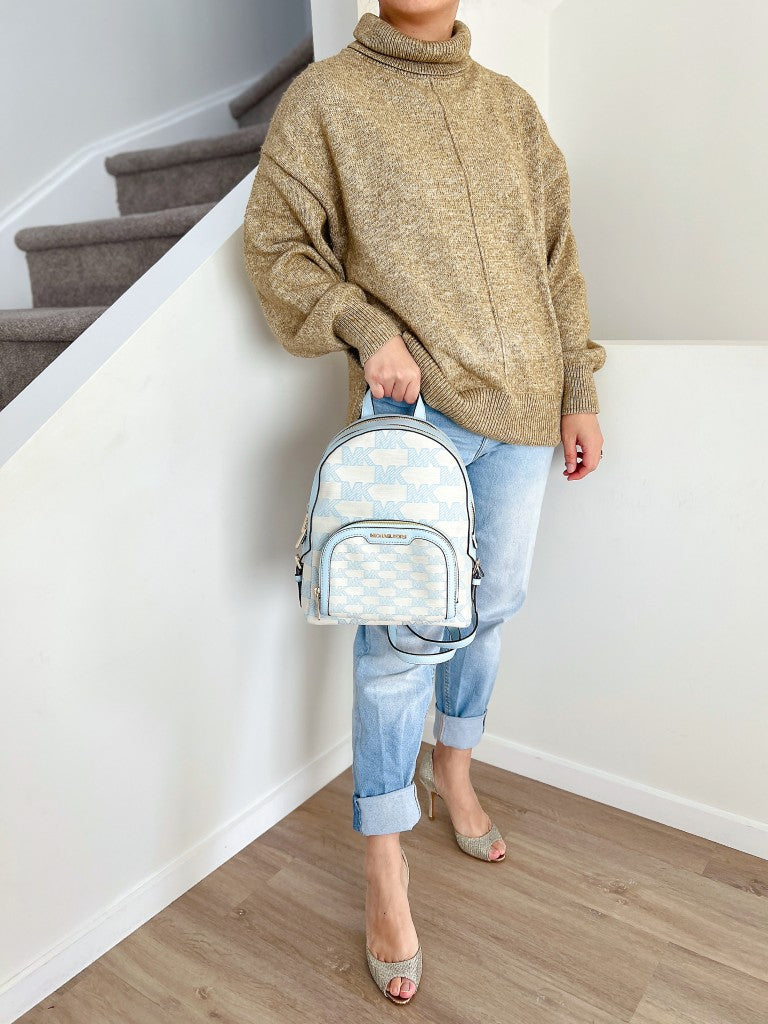Michael Kors Light Blue Leather Monogram Front Detail Backpack Like New