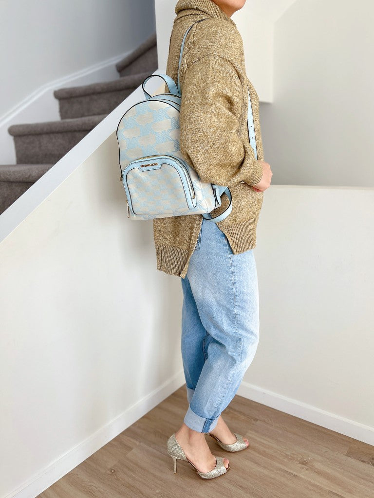 Michael Kors Light Blue Leather Monogram Front Detail Backpack Like New