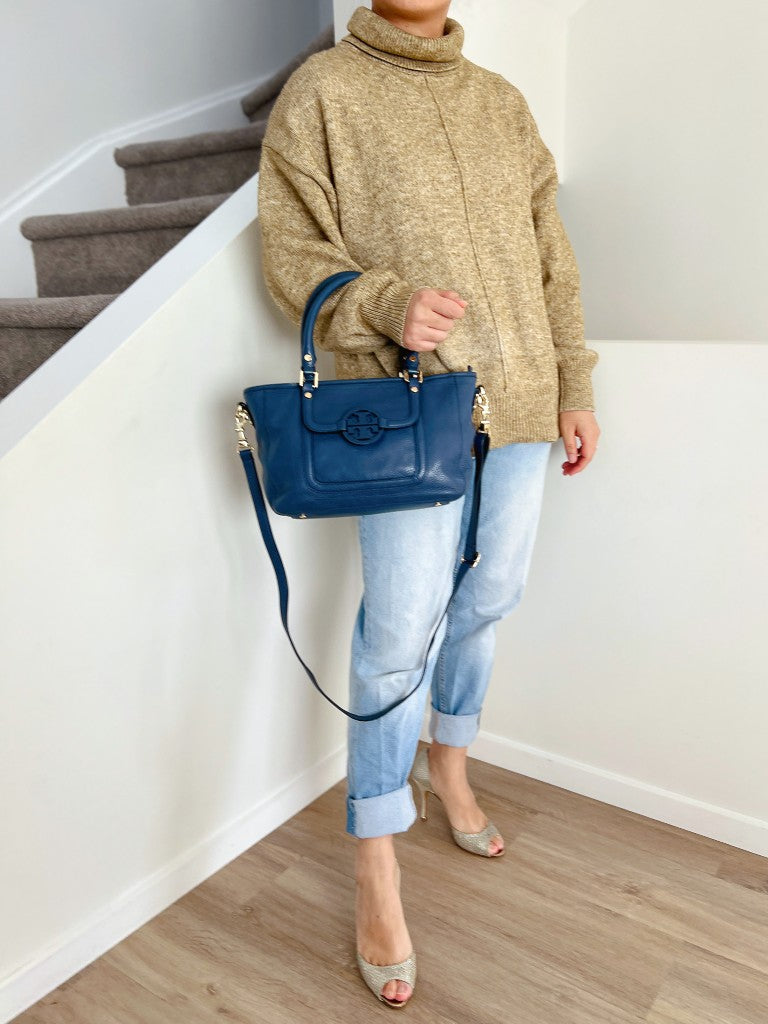 Tory Burch Blue Leather Front Detail 2 Way Shoulder Bag Like New