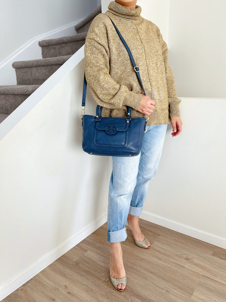 Tory Burch Blue Leather Front Detail 2 Way Shoulder Bag Like New