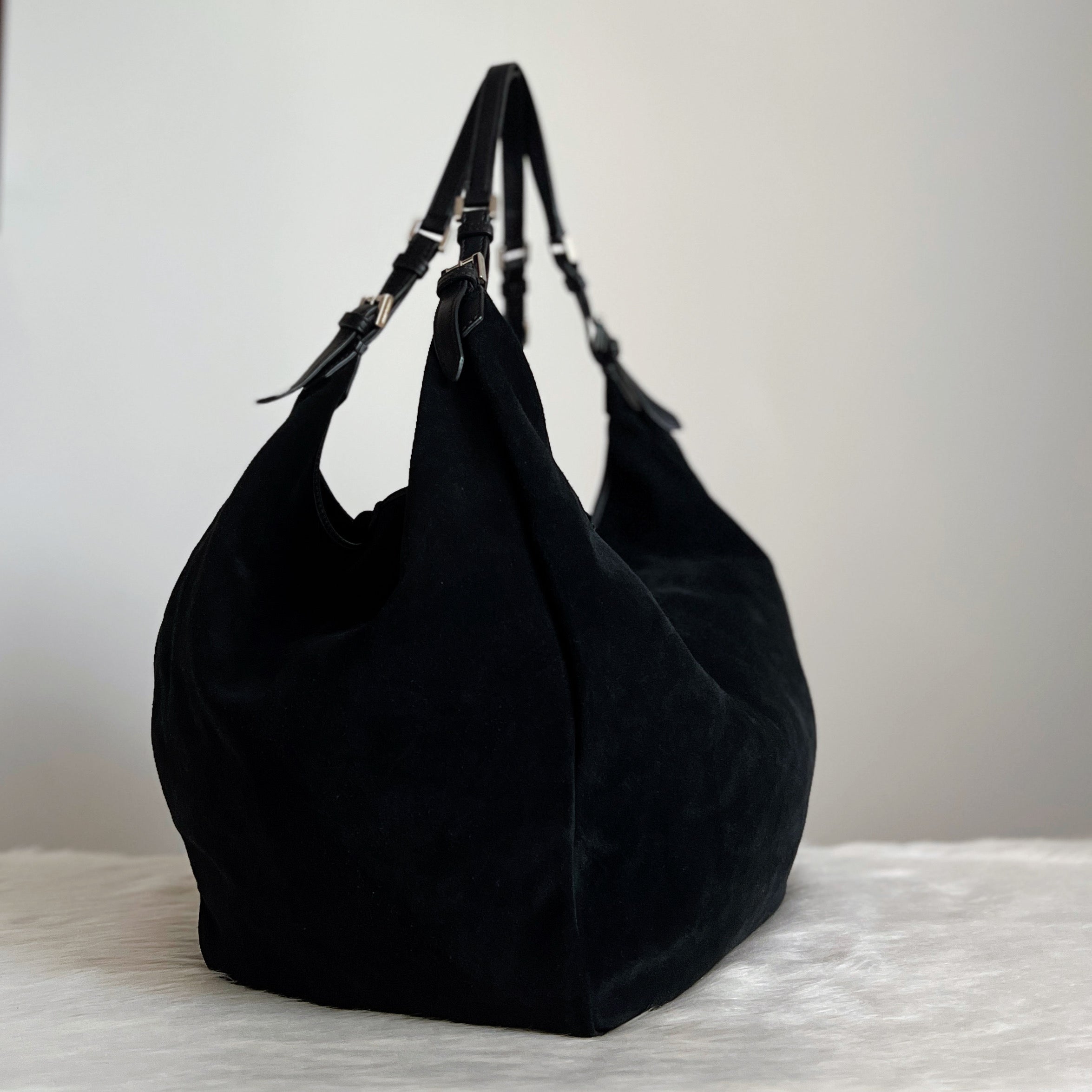 Giorgio Armani Black Suede Slouchy Shoulder Bag + Pouch