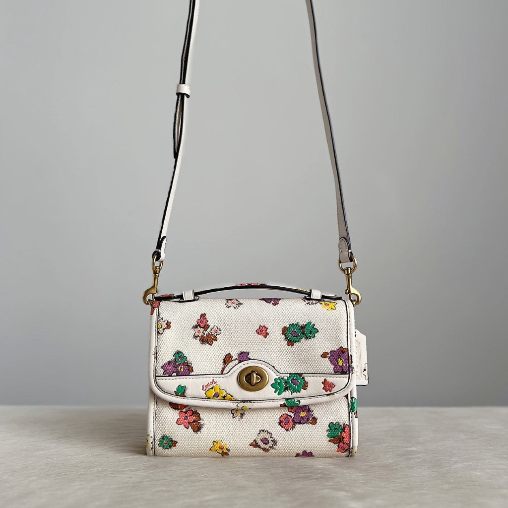 Coach Creamy Leather Trim Floral Holiday Mini Crossbody Shoulder Bag Like New