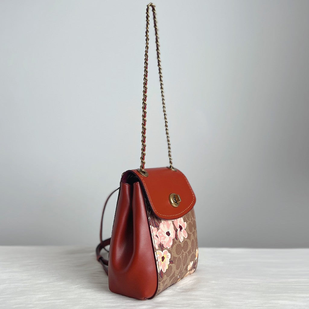 Coach Cinnamon Leather Floral Monogram Chain Backpack Like New