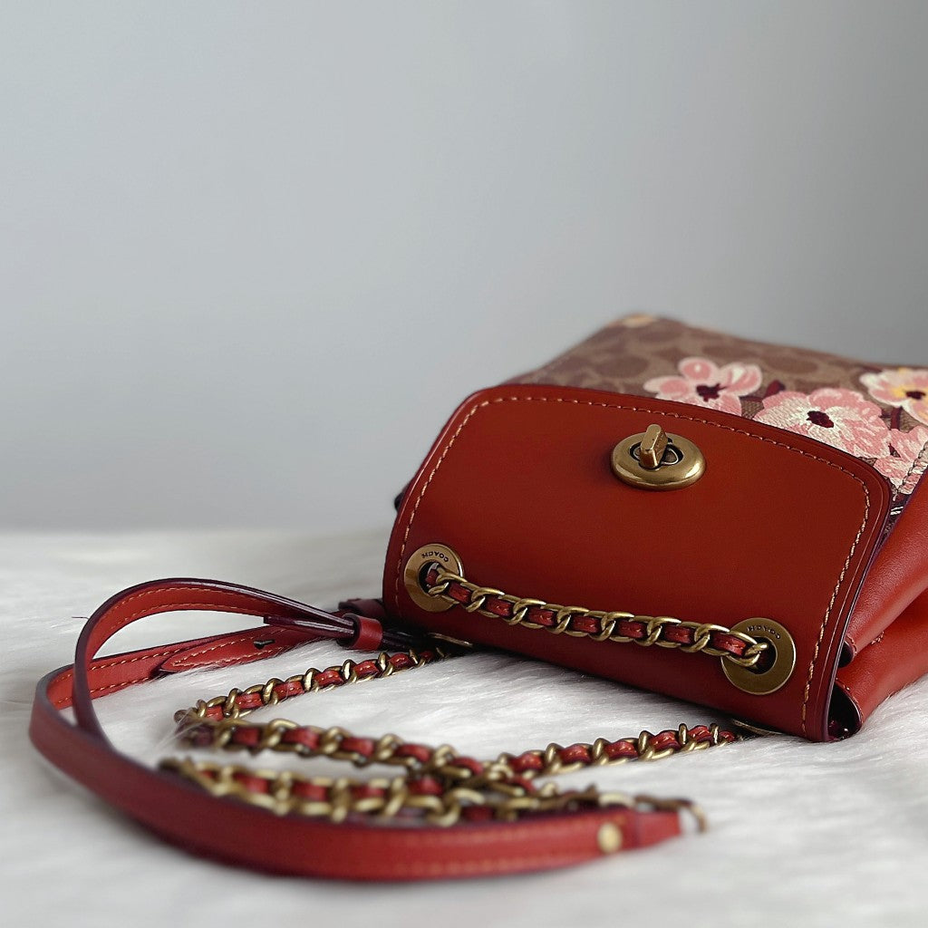 Coach Cinnamon Leather Floral Monogram Chain Backpack Like New
