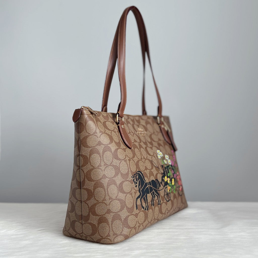 Coach Caramel Leather Monogram Signature Pattern Carryall Shoulder Bag Like New