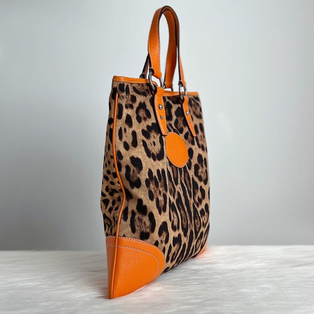 Dolce & Gabbana D&G Orange Leather Leopard Pattern Tote Bag Excellent