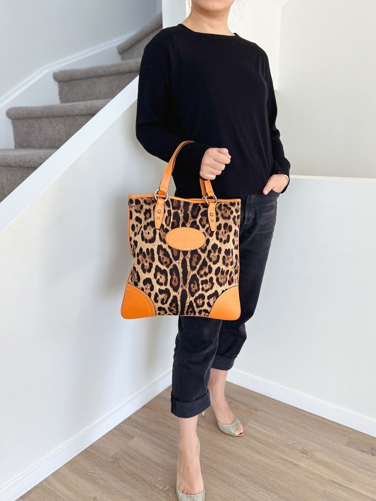 Dolce & Gabbana D&G Orange Leather Leopard Pattern Tote Bag Excellent