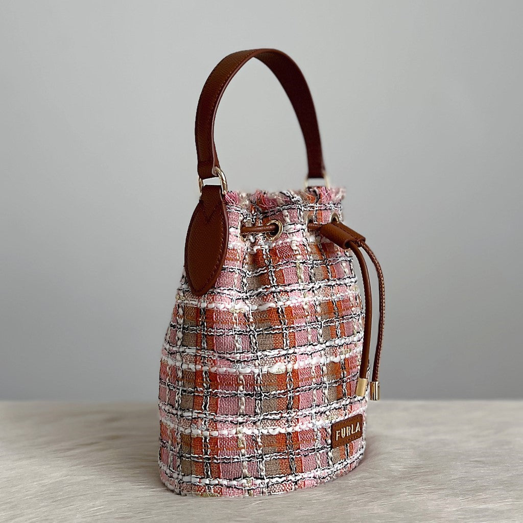 Furla Caramel Leather Drawstring Mini Bucket 2 Way Shoulder Bag Like New