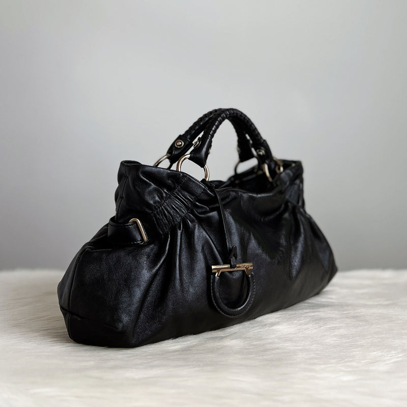 Ferragamo Black Leather Signature Logo Charm 2 Way Shoulder Bag Excellent