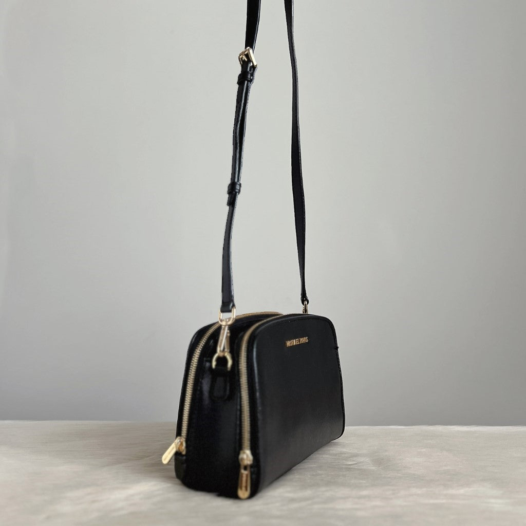 Michael Kors Black Leather Triple Compartment Crossbody Shoulder Bag Excellent