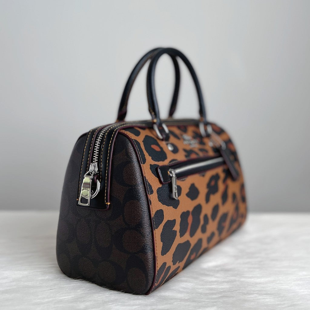 Coach Black Leather Leopard Pattern Boston 2 Way Shoulder Bag Like New