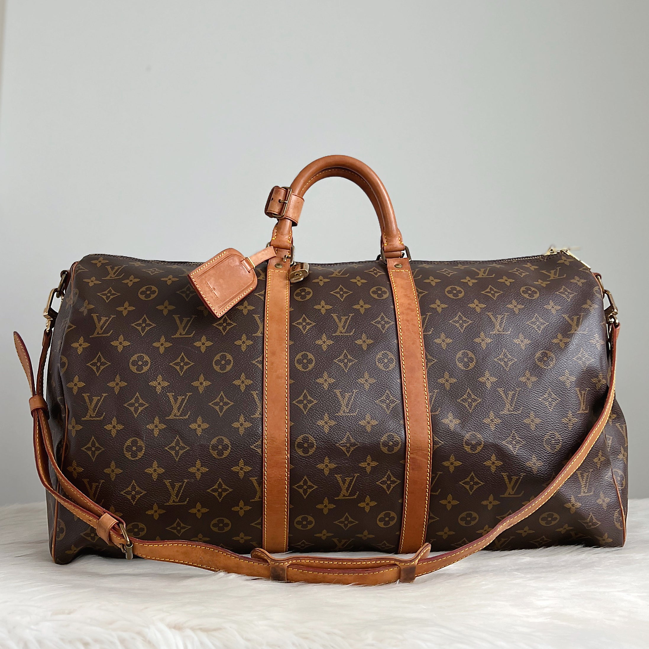 Louis Vuitton Signature Monogram Bandouliere Keepall 55 Travel Bag Full Set