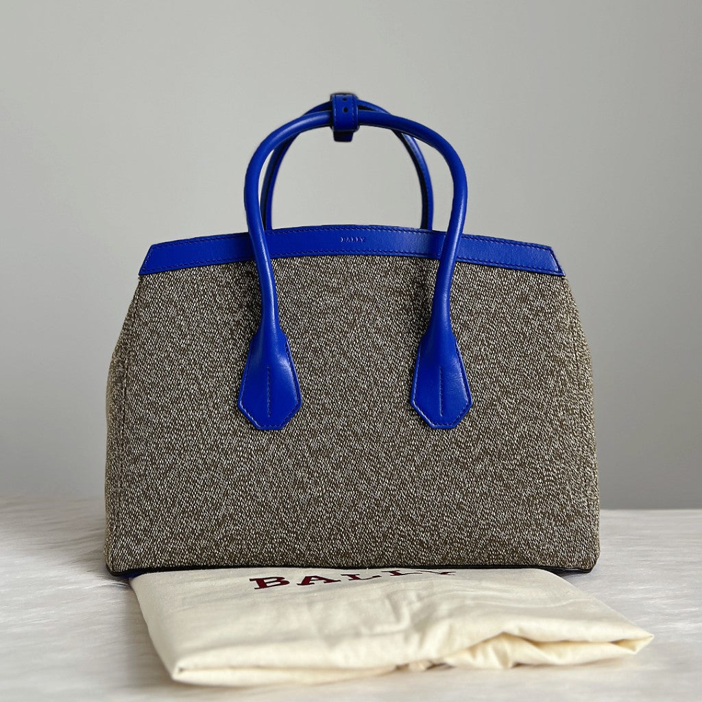 Bally Blue Leather Canvas Signature Sommet Tote Bag Like New