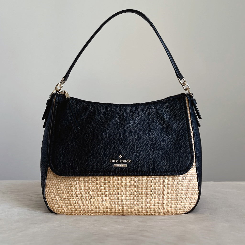 Kate Spade Black Leather Straw Patchwork Holiday Shoulder Bag Excellent